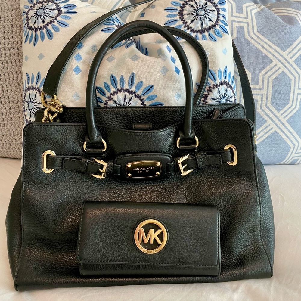 Michael Kors Black Satchel with Silver Hardware and matching wallet set